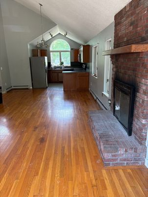 Fireplace, Interior, Kitchen, Pendant Lights, Stone Walls, Wood Texture Flooring