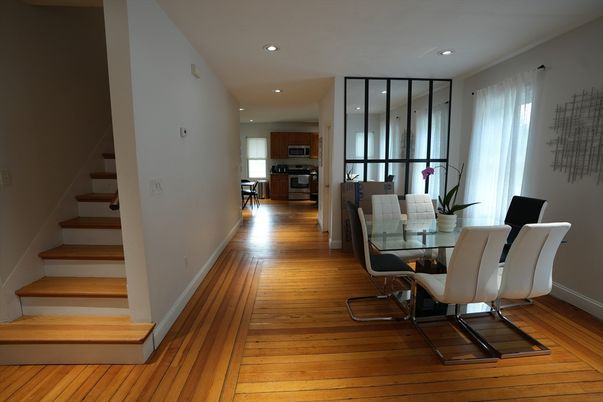 Dining room, Interior, Kitchen, Recessed Lighting, Wood Texture Flooring