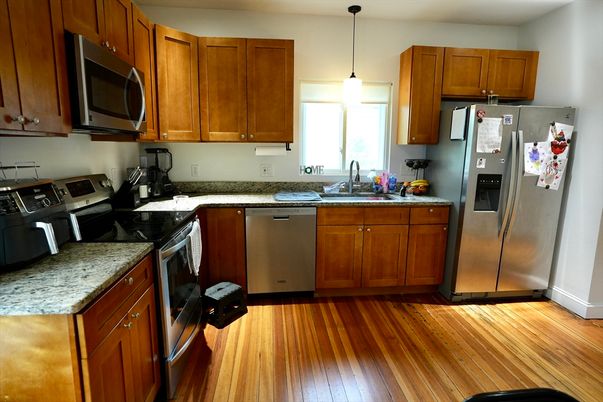 Interior, Kitchen, Pendant Lights, Wood Texture Flooring