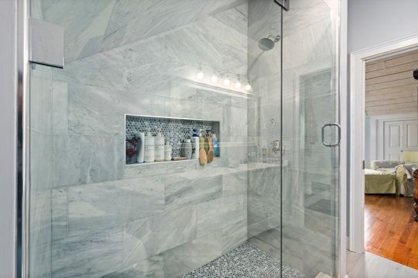 Bathroom, Bedroom, Glass Shower, Interior, Marble Walls, Wood Texture Flooring