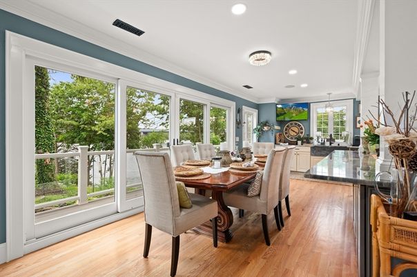 Dining room, Interior, Recessed Lighting, Wood Texture Flooring