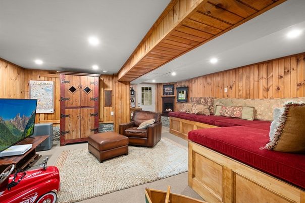 Fireplace, Interior, Living room, Recessed Lighting, Wooden Walls