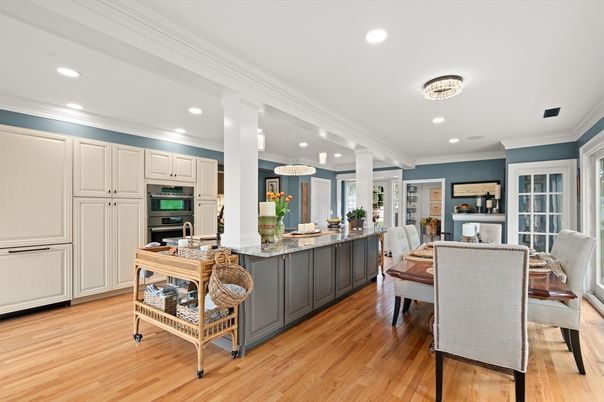 Dining room, Interior, Kitchen, Recessed Lighting, Stainless Steel Appliances, Wood Texture Flooring