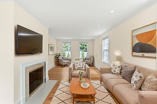 Fireplace, Interior, Living room, Recessed Lighting, Wood Texture Flooring