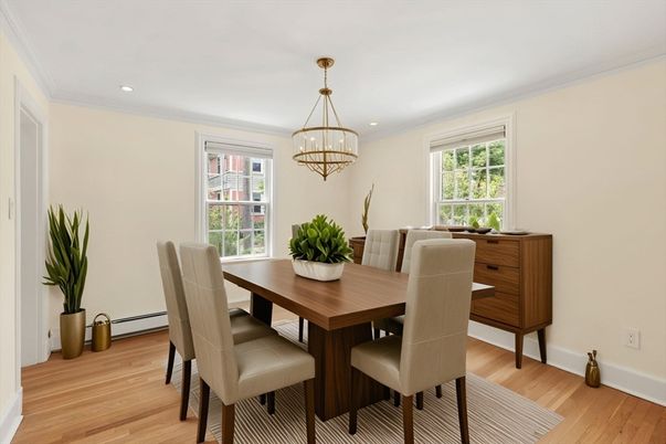 Chandelier, Dining room, Interior, Recessed Lighting, Wood Texture Flooring