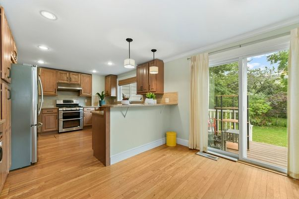 Interior, Kitchen, Pendant Lights, Recessed Lighting, Stainless Steel Appliances, Wood Texture Flooring