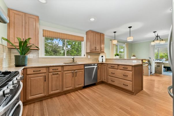 Interior, Kitchen, Pendant Lights, Recessed Lighting, Stainless Steel Appliances, Wood Texture Flooring