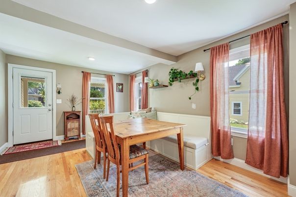 Dining room, Interior, Recessed Lighting, Wood Texture Flooring
