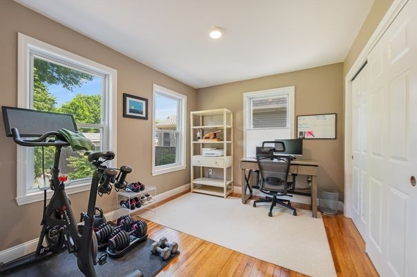 Fitness Equipment, Home Office, Interior, Recessed Lighting, Wood Texture Flooring