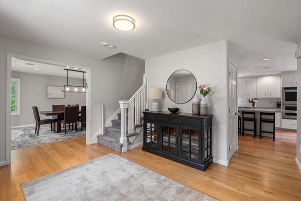Dining room, Interior, Kitchen, Pendant Lights, Recessed Lighting, Stainless Steel Appliances, Wood Texture Flooring