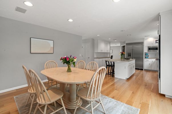 Dining room, Interior, Kitchen, Recessed Lighting, Stainless Steel Appliances, Wood Texture Flooring