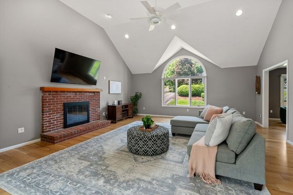 Fireplace, Interior, Living room, Recessed Lighting, Wood Texture Flooring