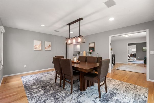 Dining room, Interior, Pendant Lights, Recessed Lighting, Wood Texture Flooring