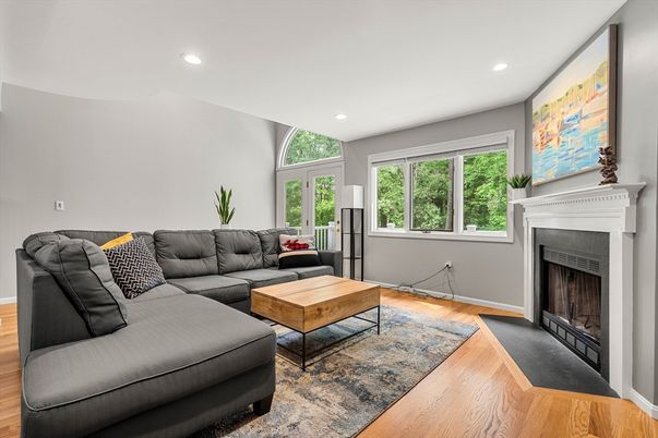 Fireplace, Interior, Living room, Recessed Lighting, Wood Texture Flooring