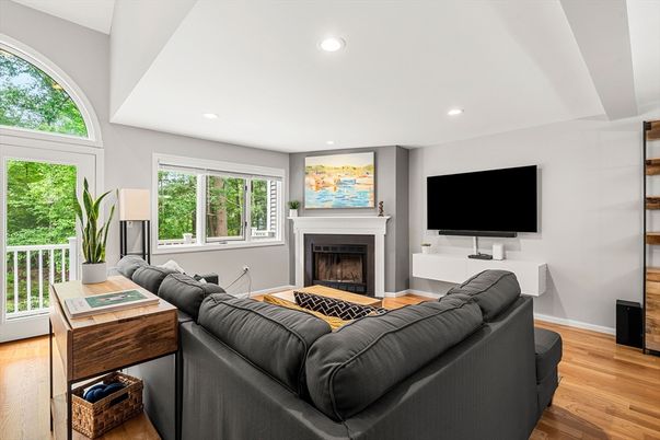 Fireplace, Interior, Living room, Recessed Lighting, Wood Texture Flooring