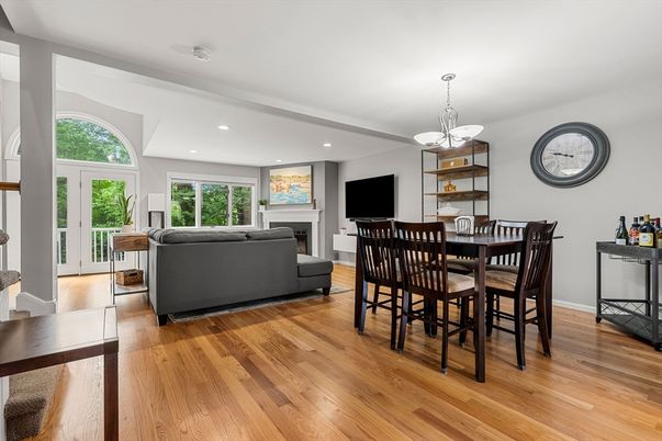Dining room, Fireplace, Interior, Living room, Pendant Lights, Recessed Lighting, Wood Texture Flooring