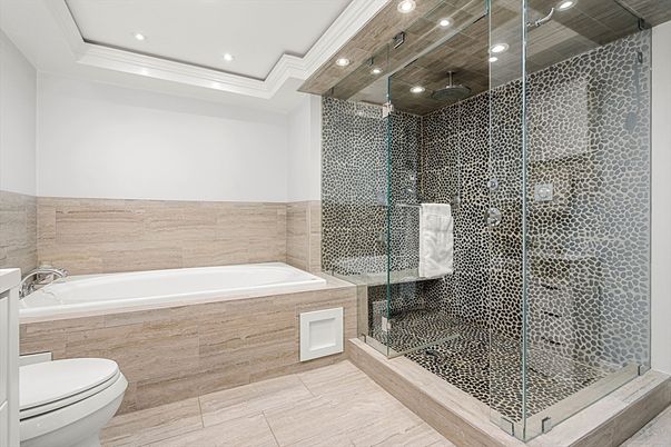 Bathroom, Glass Shower, Interior, Recessed Lighting, Wooden Ceilings