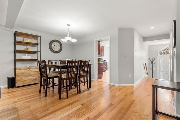 Dining room, Interior, Pendant Lights, Recessed Lighting, Wood Texture Flooring