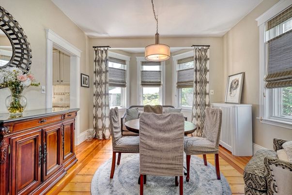 Dining room, Interior, Pendant Lights, Wood Texture Flooring