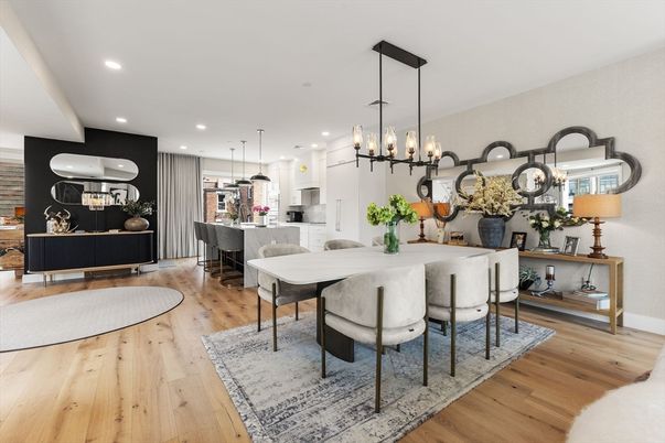 Dining room, Interior, Kitchen, Living room, Pendant Lights, Recessed Lighting, Wood Texture Flooring