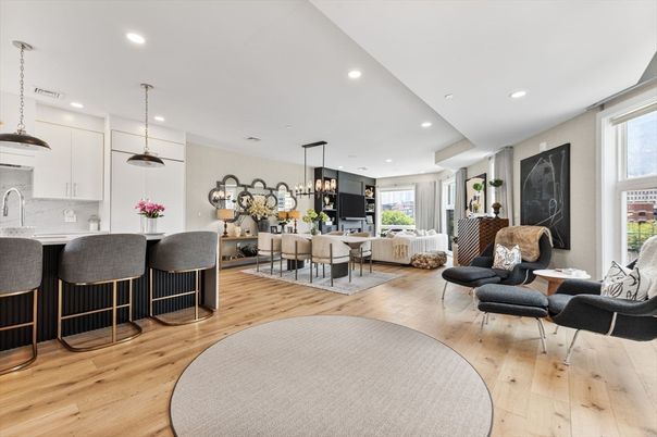 Chandelier, Dining room, Interior, Kitchen, Living room, Pendant Lights, Recessed Lighting, Wood Texture Flooring