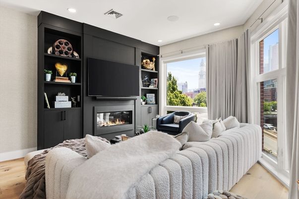 Fireplace, Interior, Living room, Recessed Lighting, Wood Texture Flooring