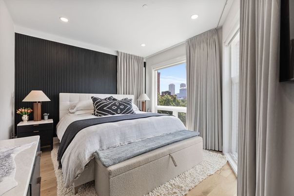 Bedroom, Interior, Recessed Lighting, Wood Texture Flooring