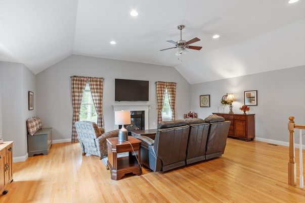 Fireplace, Interior, Living room, Recessed Lighting, Wood Texture Flooring