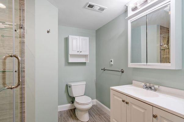 Bathroom, Glass Shower, Interior, Wood Texture Flooring