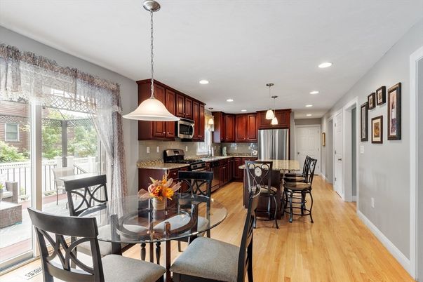 Dining room, Interior, Kitchen, Pendant Lights, Recessed Lighting, Stainless Steel Appliances, Wood Texture Flooring
