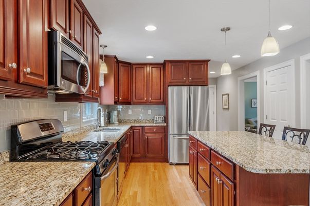 Interior, Kitchen, Pendant Lights, Recessed Lighting, Stainless Steel Appliances, Wood Texture Flooring
