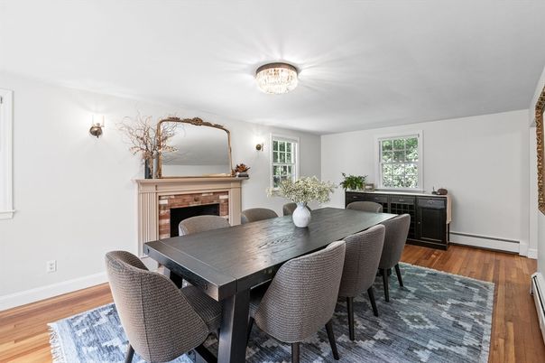 Dining room, Fireplace, Interior, Wood Texture Flooring
