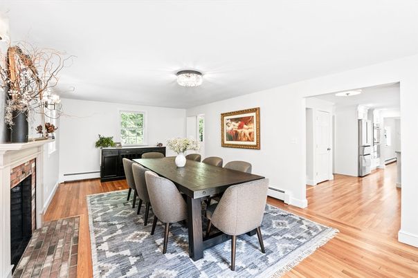 Dining room, Fireplace, Interior, Wood Texture Flooring