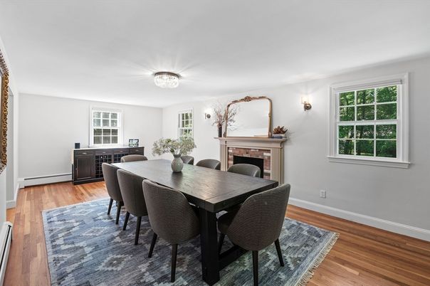 Dining room, Fireplace, Interior, Wood Texture Flooring
