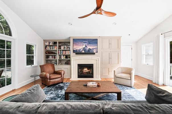 Fireplace, Interior, Living room, Recessed Lighting, Wood Texture Flooring