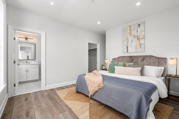 Bedroom, Interior, Recessed Lighting, Wood Texture Flooring