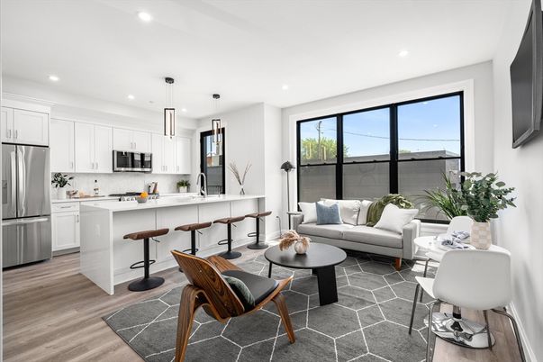 Interior, Kitchen, Living room, Pendant Lights, Recessed Lighting, Stainless Steel Appliances, Wood Texture Flooring