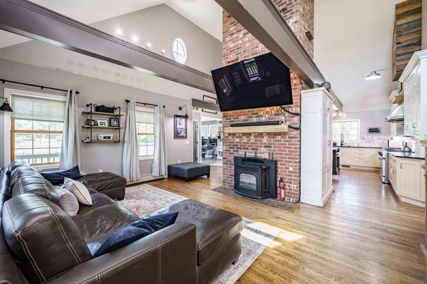 Fireplace, Interior, Kitchen, Living room, Stone Walls, Wood Texture Flooring