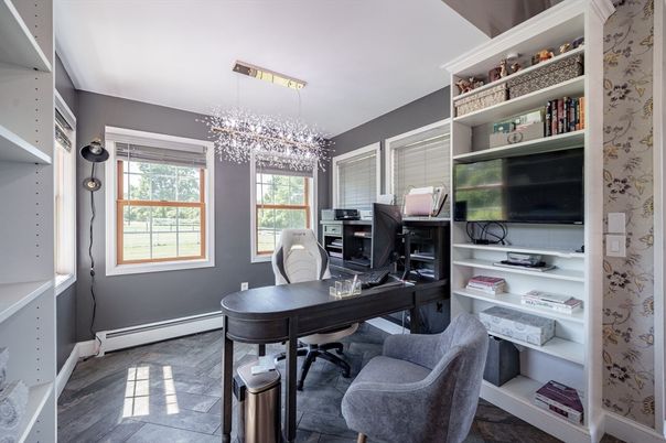Chandelier, Home Office, Interior, Wood Texture Flooring