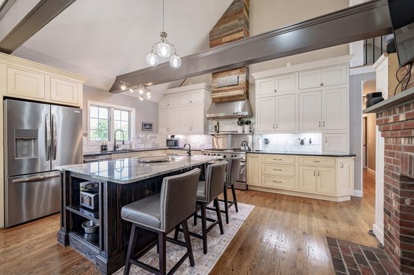 Interior, Kitchen, Pendant Lights, Stainless Steel Appliances, Stone Walls, Wood Texture Flooring
