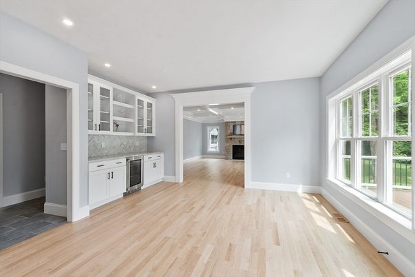 Empty room, Interior, Kitchen, Recessed Lighting, Wood Texture Flooring