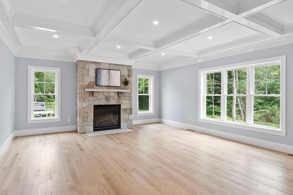 Empty room, Fireplace, Interior, Recessed Lighting, Wood Texture Flooring