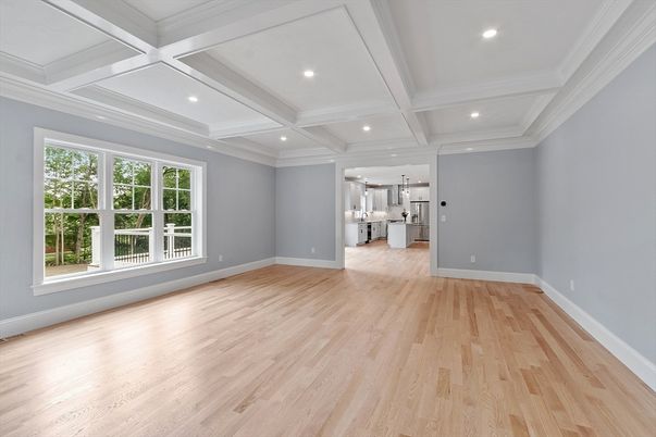 Empty room, Interior, Kitchen, Pendant Lights, Recessed Lighting, Wood Texture Flooring