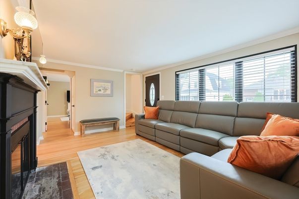 Fireplace, Interior, Living room, Pendant Lights, Wood Texture Flooring