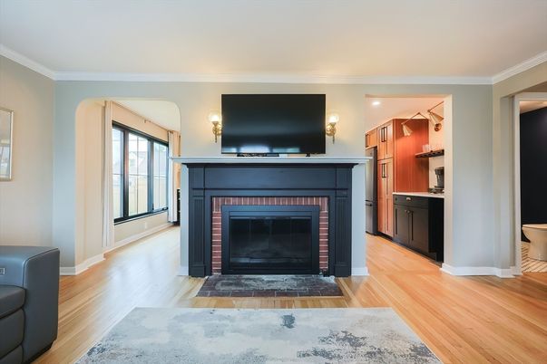 Fireplace, Interior, Recessed Lighting, Wood Texture Flooring