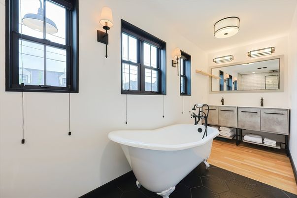 Bathroom, Dual Sink Vanities, Free Standing Baths, Interior, Wood Texture Flooring