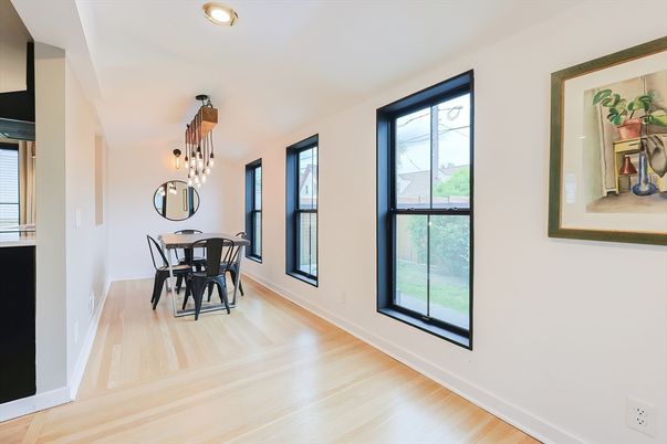 Dining room, Interior, Pendant Lights, Recessed Lighting, Wood Texture Flooring