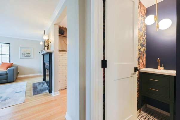 Bathroom, Fireplace, Interior, Pendant Lights, Wood Texture Flooring
