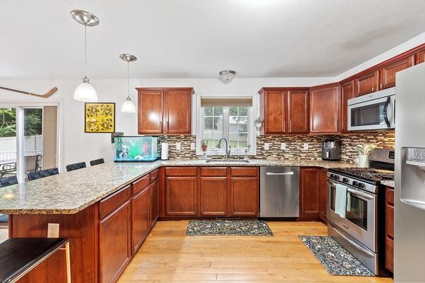 Interior, Kitchen, Pendant Lights, Stainless Steel Appliances, Wood Texture Flooring