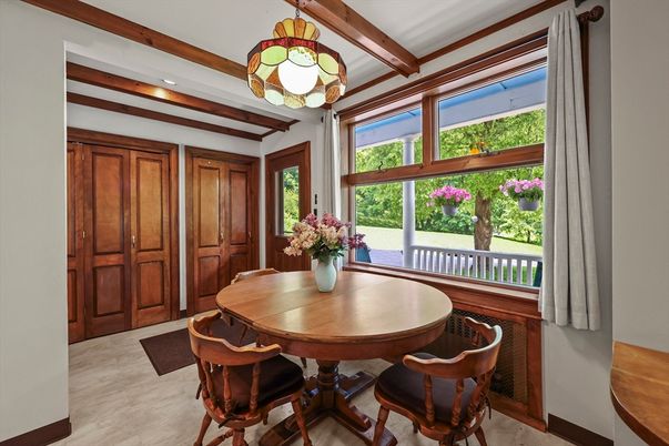 Dining room, Interior, Pendant Lights, Recessed Lighting, Wooden Beams